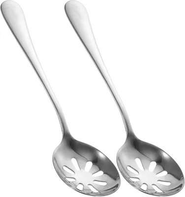 Produktbild von Set mit 2 Servierlöffeln aus Edelstahl mit ergonomischen Schlitzen, 17 cm, wiederverwendbar für Salat/Obst, für den täglichen Gebrauch