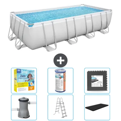 Produktbild von Bestway Rechteckiges Power Steel-Schwimmbecken – 488 x 244 x 122 – Grau, inklusive Pumpe – Leiter – Abdeckung Wartungspaket - Filter - Bodenfliesen