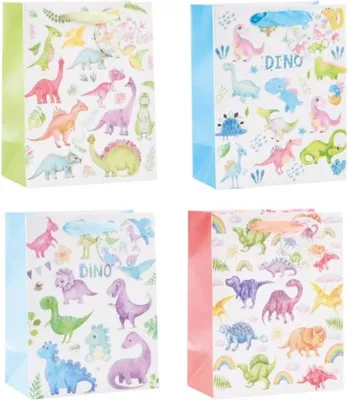 Produktbild von Geschenktüte. M, DINO mit Glitzer, KINDER, 4 Farben, 23x18x10cm, Papier