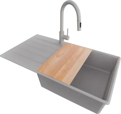 Produktbild von PRIMAGRAN Granitspüle Grau 90x50cm, Spülbecken 1 Becken + Küchenarmatur 40x20cm + Ablauf-Set + Schneidebrett, Küchenspüle ab 60er Unterschrank - Kopenhagen