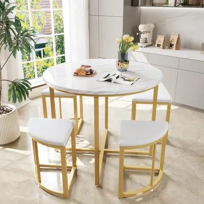 Produktbild von Esszimmerset mit Samtstühlen und vergoldetem Metallrahmen, vier Stühlen,ideal für modernes Wohnen - Platzsparend und stilvolles Design, 80x80x75 cm, Weiß