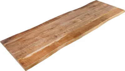 A single wooden plank with a live edge, shown from a slightly elevated diagonal angle against a white background.