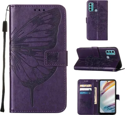 Produktbild von Moto G40 Hülle, Schmetterling Prägung Flip Leder Kartenfächer Schutzhülle Ledertasche mit Ständer für Motorola Moto G40 / G60 Lila