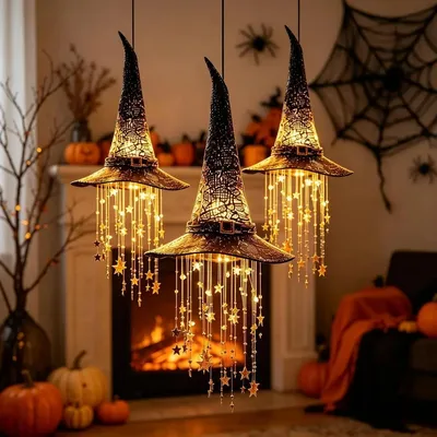 Produktbild von Beleuchteter Hexenhut für Halloween, hängend, mit Sound, Mesh-Sternenkaskade, schwarze Dekoration