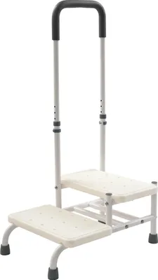 Zdjęcie produktu dla Schodki z poręczą - dwustopniowe, składane - regulowana wysokość 89–99 cm - antypoślizgowe - udźwig do 135 kg - do kuchni, łazienki, sypialni, biblioteki - białe