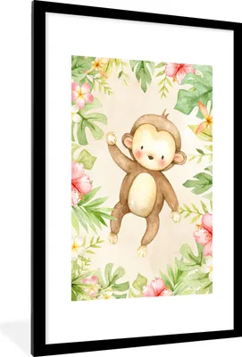 Produktbild von MuchoWow® MuchoWow® Gerahmtes Poster Affe - Blumen - Pflanzen - Dschungel 60x90 cm - Poster mit zchwarzem Bilderrahmen - Dekoration - Wandposter Wohnzimmer - Hochwertig