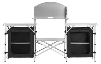 Produktbild von SucceBuy Klappbare Campingküche mit zwei MDF-Seitentischen, abnehmbarem Windschutz für Kochgeräte, zwei Staufächern und stabilen X-förmigen Beinen – Ideal für Picknicks, Grillabende und Reisen
