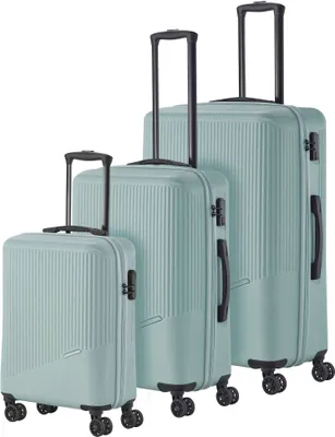 Three mint-colored suitcases of different sizes are arranged in a row against a white background.