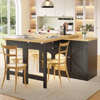 Obrázek produktu pro Kuchyňský ostrov STILVORA s výsuvnou jídelní deskou, otočnou o 360°, kuchyňský ostrov se skleněnými dvířky a zásuvkami, jídelní stůl se zásuvkami na drobnosti, černý