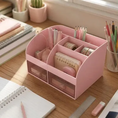 Obrázek produktu pro stolní organizér pořadač na psací potřeby růžový 12x21x14 cm se 6 přihrádkami a 2 zásuvkami do školy kanceláře i na kosmetiku