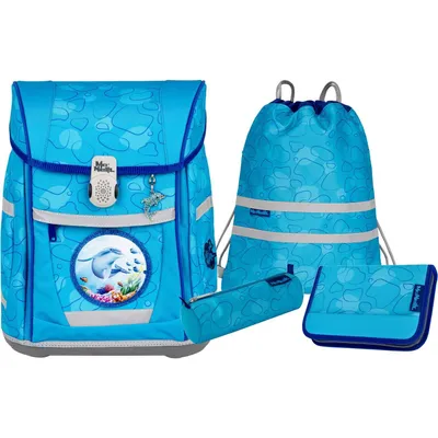 A set of school supplies including a backpack, a drawstring bag, a pencil case, and a small pouch, all with a blue dolphin and bubble pattern.