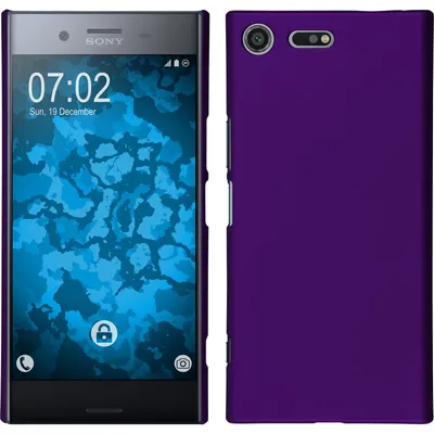 A split image showing the front and back of a purple smartphone case with a Sony Xperia XZ Premium phone inside.