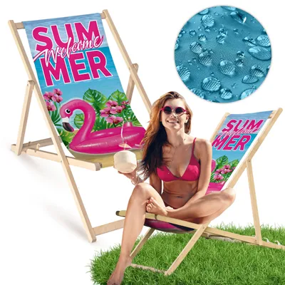 Holz Liegestuhl klappbar „Welcome Summer Flamingo“ – Gartenstuhl Relaxstuhl Sonnenliege Balkon