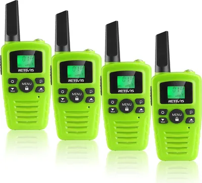 Four green walkie-talkies are lined up against a white background.