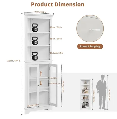 Produktbild von Eckschrank zur Aufbewahrung - Hoher schmaler Standschrank - Mit Türen und offenen Regalen - Verstellbarer Einlegeboden - Freistehend aus Holz - Weiß