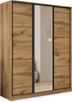 Produktbild von Masseno Schiebetürenschrank TARI 150/205/58 cm Kleiderschrank mit 4 Schubladen Schlafzimmer Schrank 3-türig mit Spiegel Eiche Wotan