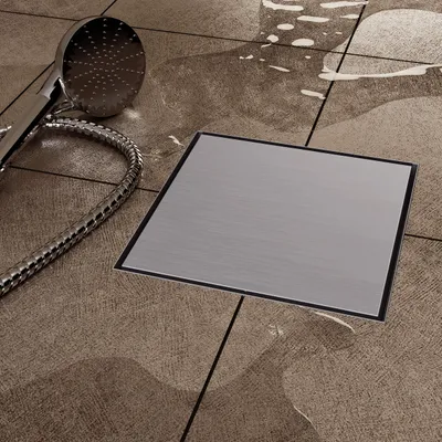 Produktbild von VILSTEIN Duschrinne aus Edelstahl I Quadrat I Bodenablauf I Extra Flach I inkl. Siphon mit Geruchsstop - Randablauf 15x15 cm