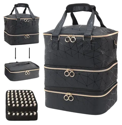 Image de Trousse de rangement pour vernis à ongles, organiseur pouvant contenir 84 flacons de vernis à ongles et 1 lampe à ongles LED, trousse à maquillage imperméable à 3 étages pour un usage personnel et les salons de manucure, noir