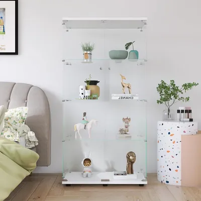 Obrázok produktu pre Sklenená vitrína, regálová skrinka, 4 police, 2 dvierka, biela, 164 x 80 x 36 cm