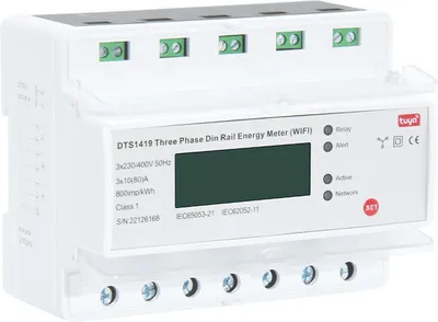 A white three-phase din rail energy meter with a green LCD screen and indicator lights.