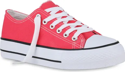 A single red low-top sneaker with white laces and a thick white sole is shown against a white background.