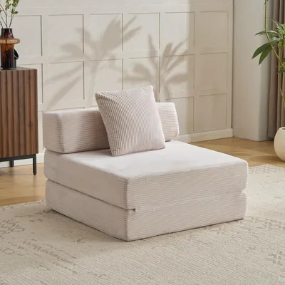 Produktbild von Bodensofa, Kompaktsofa, multifunktional, Einzelbettsofa, Kissen, Armlehnen, Cordstoff, Wohnzimmer/Schlafzimmer. L3