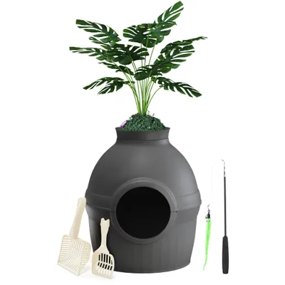 Produktbild von Mondeer 2-in-1 Katzentoilette & Schlafhöhle mit Deko-Pflanze, individuell gestaltbar, belüftet – inkl. Katzenangel und Schaufel Schwarz