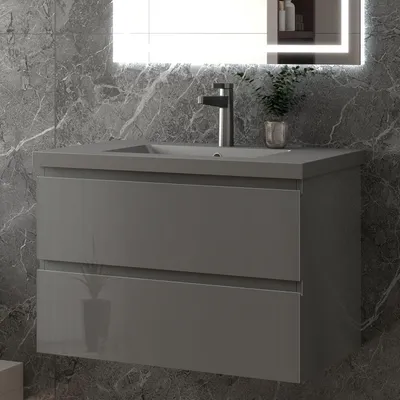 Produktbild von 80 cm Badmöbel-Set Unterschrank mit Dunkelgrau Mineralguss Waschbecken 2 Schubladen soft-close Hochglanz Anthrazit Selbstmontierter