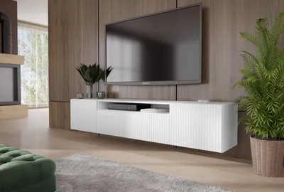 Produktbild von TV-Schrank Marlo Fernsehschrank TV-Lowboard 200 cm vertikal gefräste Fronten modernes Design dreitürig Wohnzimmer Wandmontage (Farbe: weiß )