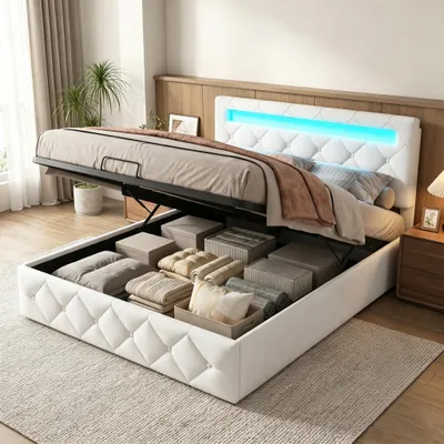 Obrázok produktu pre INONEFT čalúnená posteľ 140 x 200 cm, hydraulická posteľ s úložným priestorom, dvojposteľ s LED osvetlením, posteľ pre mládež, bez matraca, zamat, farba broskyňa