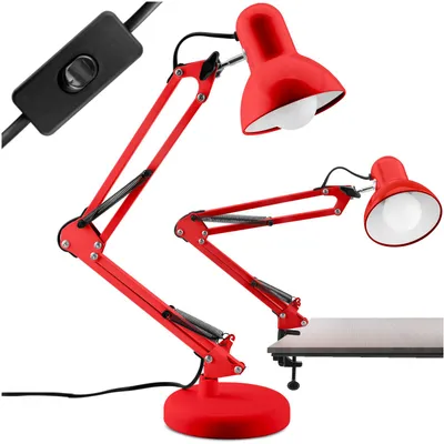 Two red desk lamps are shown against a white background. One lamp is fully visible with its base on the surface, while the other is partially visible and clamped to a surface.