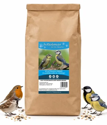 Produktbild von Futterbauer Premium Line 10 kg Fettfutter – energiereiches Vogelfutter mit Haferflocken, Weizenflocken, Erdnusskernen & Rosinen