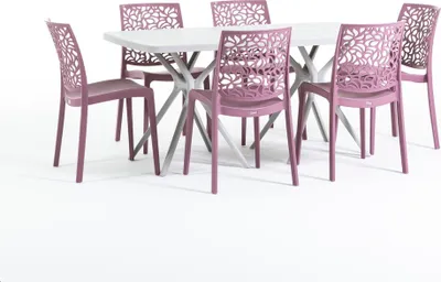 Produktbild von Outdoor-Essset mit rechteckigem Tisch 158x84 cm und 6 stapelbaren Stühlen aus glasfaserverstärktem Harz – modernes, farbenfrohes Design, ideal für Garten, Terrasse und Veranda – OLIVER+ANNA – Malv /Hellgrau