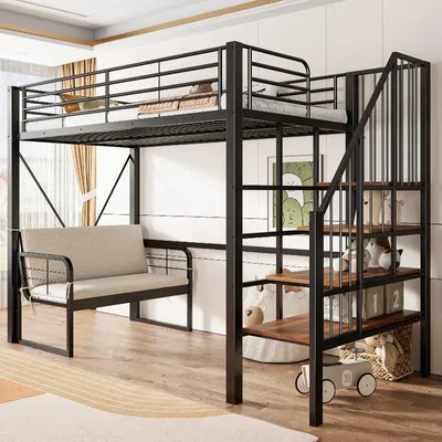 Zdjęcie produktu dla Łóżko piętrowe 90x200 cm z metalu, wyposażone w schodki z miejscem do przechowywania oraz zdejmowaną sofę tapicerowaną, czarno-białe łóżko piętrowe z drewnianymi panelami
