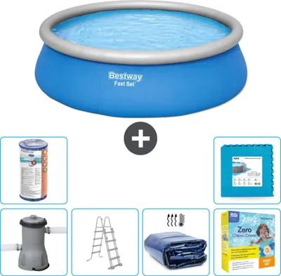 Produktbild von Bestway runder aufblasbarer Fast-Set-Schwimmpool – 457 x 122 cm – Blau – inklusive Pumpe – Leiter Sonnensegel - Wartungspaket - Filter - Bodenfliesen