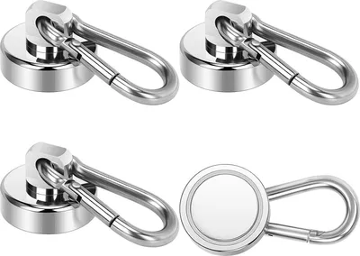 Produktbild von Wukong 25mm Neodym Magnete Haken, 4 Stück Starke Magnete mit Haken, 22KG Magnete Karabiner Magnethaken Extra Stark, Ösenmagnet Magnethaken Camping für Kreuzfahrt und Garage