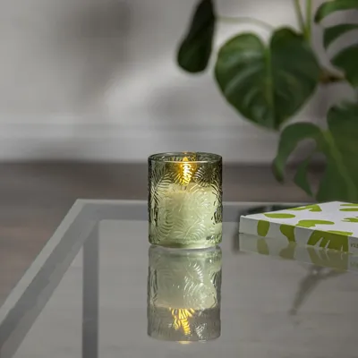 Zdjęcie produktu dla Świeca Led szklana woskowa FLAMME LEAF zielona 10cm