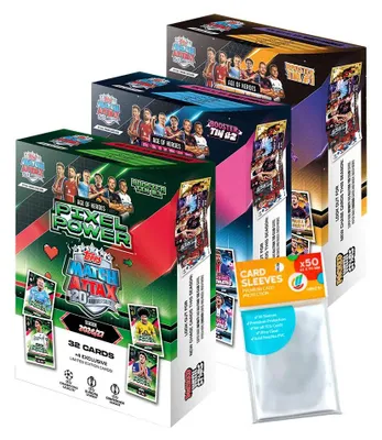 Image de Lot comprenant des cartes de collection UCC Match Attax Champions League 2026/27 : les 3 boîtes miniatures différentes + des pochettes de rangement exclusives
