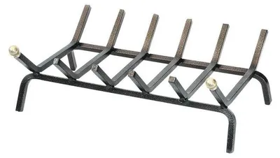 Zdjęcie produktu dla Prostokątny ruszt z 6 prętami do kominka, wykonany z kutego żelaza pomalowanego na czarno, z mosiężnymi uchwytami, wymiary 46 x 35 x 16 cm