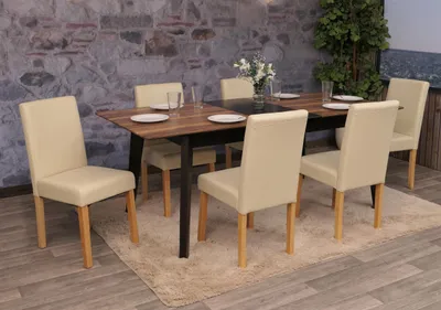 Productafbeelding van Set van 6 eetkamerstoelen, stoelen voor de keuken, model Littau Leer, crème kleur, lichte poten
