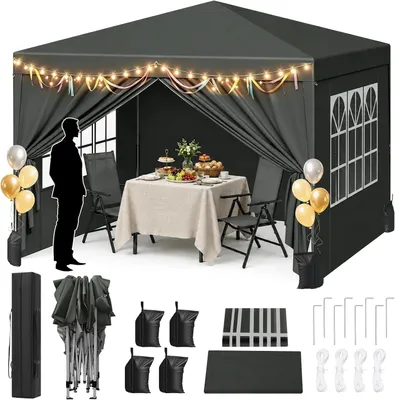 Produktbild von WOLTU Pavillon mit 4 Seitenteilen und 4 Sandsäcke, Faltpavillon 3x3m, höhenverstellbar, Grau