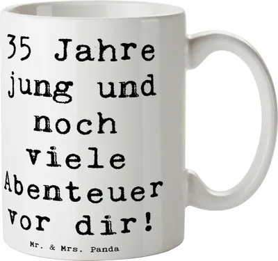 Produktbild von Mr. & Mrs. Panda Kaffeebecher Spruch 35. Geburtstag Abenteuer - Weiß - Geschenk, Teetasse, Becher, Geburtstagssprüche, herzlicher, Überraschungen, Freude, vor dir, Tasse