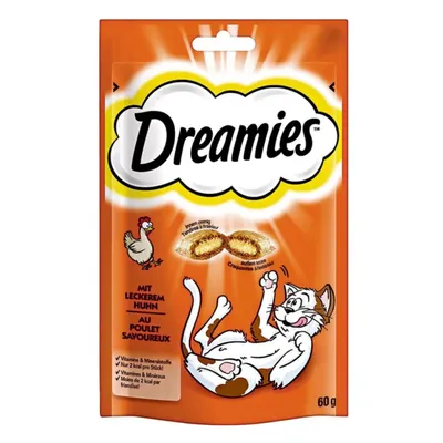 A package of Dreamies cat treats with chicken flavor.