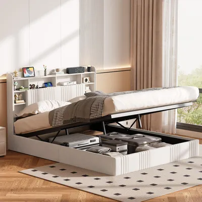 Produktbild von REMZETTA Polsterbett 160x200 cm Doppelbett mit hydraulischem Stauraum, RGB-LED, USB-C, Steckdosen und Kopfteil-Regal, Beige