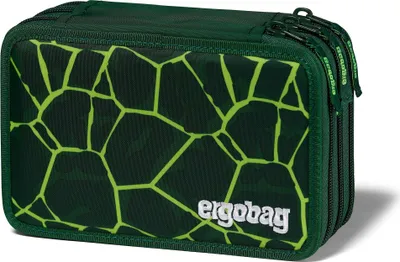 A dark green pencil case with a lime green geometric pattern and the brand logo 'ergobag' in white.
