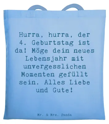 Produktbild von Mr. & Mrs. Panda Stoffbeutel Spruch 4. Geburtstag Feiern - Sky Blue - Geschenk, alles Liebe und Gute, neues Lebensjahr, Tote Bag, Einkaufstasche, Kindergeburtstag, Tasche
