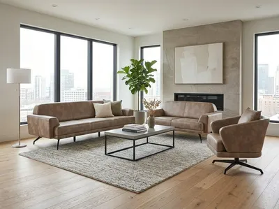 Productafbeelding van Couchgarnitur 3-Sitzer-Sofa 2-Sitzer-Sofa Sessel Leder Beige, AI-gegenereerde afbeelding