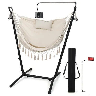 Produktbild von COSTWAY Hängesessel mit Gestell, höhenverstellbarer Hängesitz mit Handyhalter, Kissen & Seitentasche, Hängestuhl Hängeschaukel bis 250kg, Beige