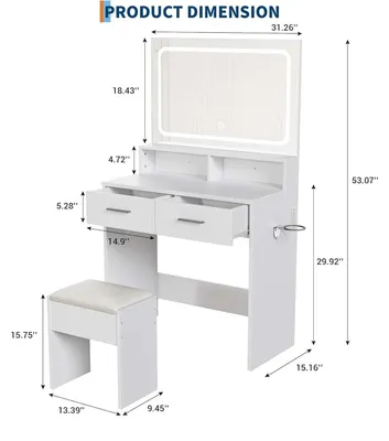 Image de Ensemble coiffeuse - Coiffeuse - Miroir à LED - Prise intégrée - Tabouret rembourré - Support pour sèche-cheveux - Meuble en bois pour chambre à coucher