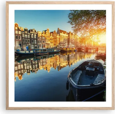 Produktbild von Gerahmtes Poster - Rahmen in heller Eiche - Kanal Boot Amsterdam Wasser - 60x60 cm - Wand Bild - Wanddeko - Wandbilder - Wandposter - Bilderrahmen - Bilder - Kunstdruck - Wandbild - P2NAC60x60-2857